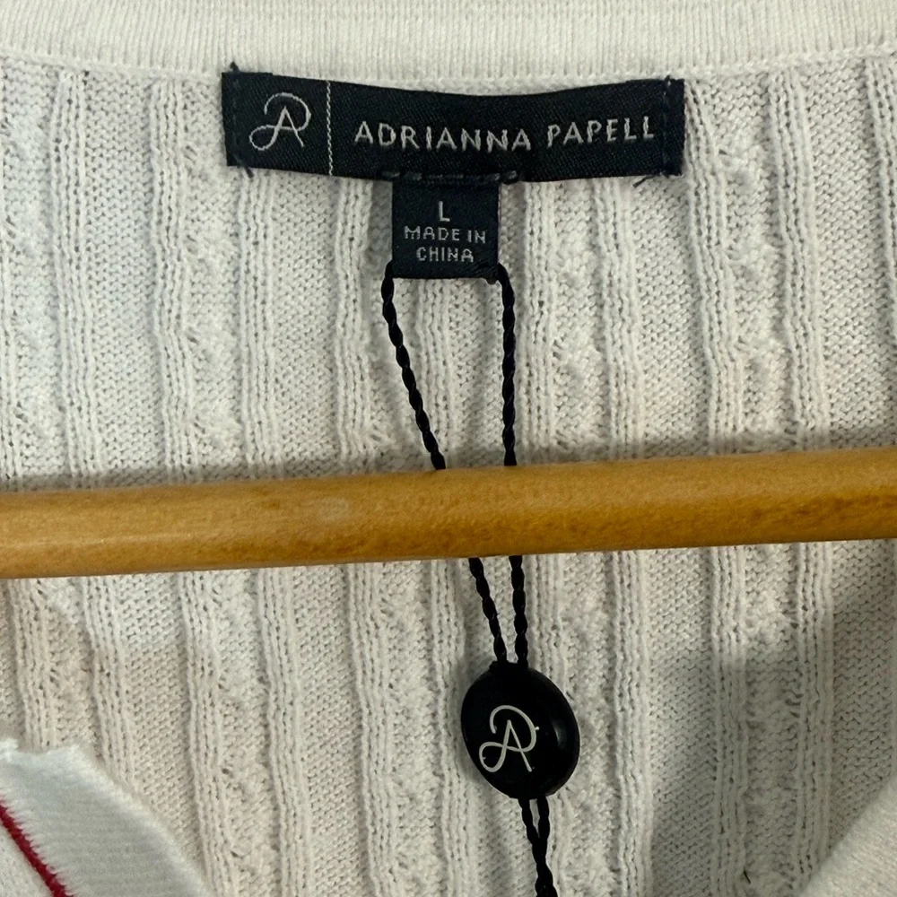 Adrianna Papell Cable Knit Polo Collar Top White Red Trim Size L NWT - Picture 4 of 6